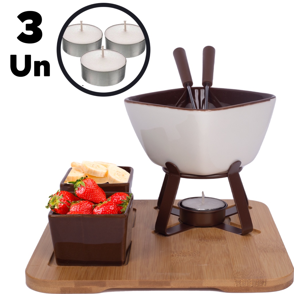 Kit Conjunto De Fondue Panela Cerâmica Aparelho 8 Peças Com Base Suporte Bambu