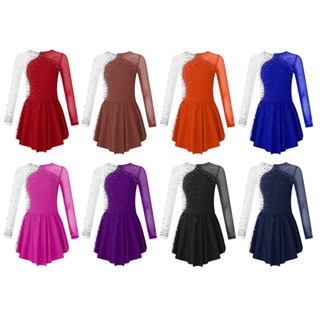 Elegantes Manga Longa Decote Redondo Brilhante Strass Decorado Retalhos Contraste Cor Patinação Vestido De Dança em Oferta na Shopee