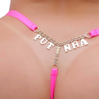 Fio Dental Rosa Neon Palavras Strass Tallyta