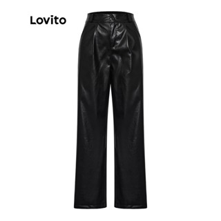 Lovito Calça Feminina De Bolso Casual Botão De Bolso Frontal Em Couro Falso L39Ad068 (Preto)