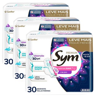 Kit 3 Absorvente Sym Premium Noturno Com Abas Suave Com 30 Unidades