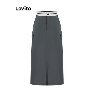 Lovito Casual Lisa Saia Feminina com Bolso e Fenda Frontal L64AD080 (Cinza/Preto)