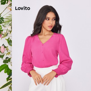 Lovito Blusa de Botões com Babados e Frente com Botões e Tecido Liso para Mulheres LBE02019 (Rosa Choque)
