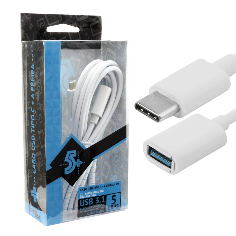 Cabo Adaptador Usb-C 3.1 p/ Usb-A Fêmea 5Gbps Branco - 3m