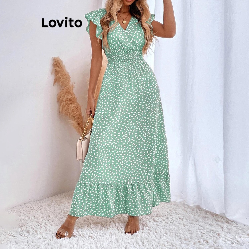 Lovito Vestido Boho De Bolinhas Com Babados E Bainha Para Mulheres LNE31128 (Marrom/Verde Claro/Preto)