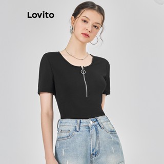 Lovito Casual Camiseta Feminina Lisa com Zíper L68ED221 (Preto)