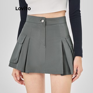 Lovito Casual Shorts Feminino Liso Plissado com Bolso L68ED088 (Cinza Escuro)