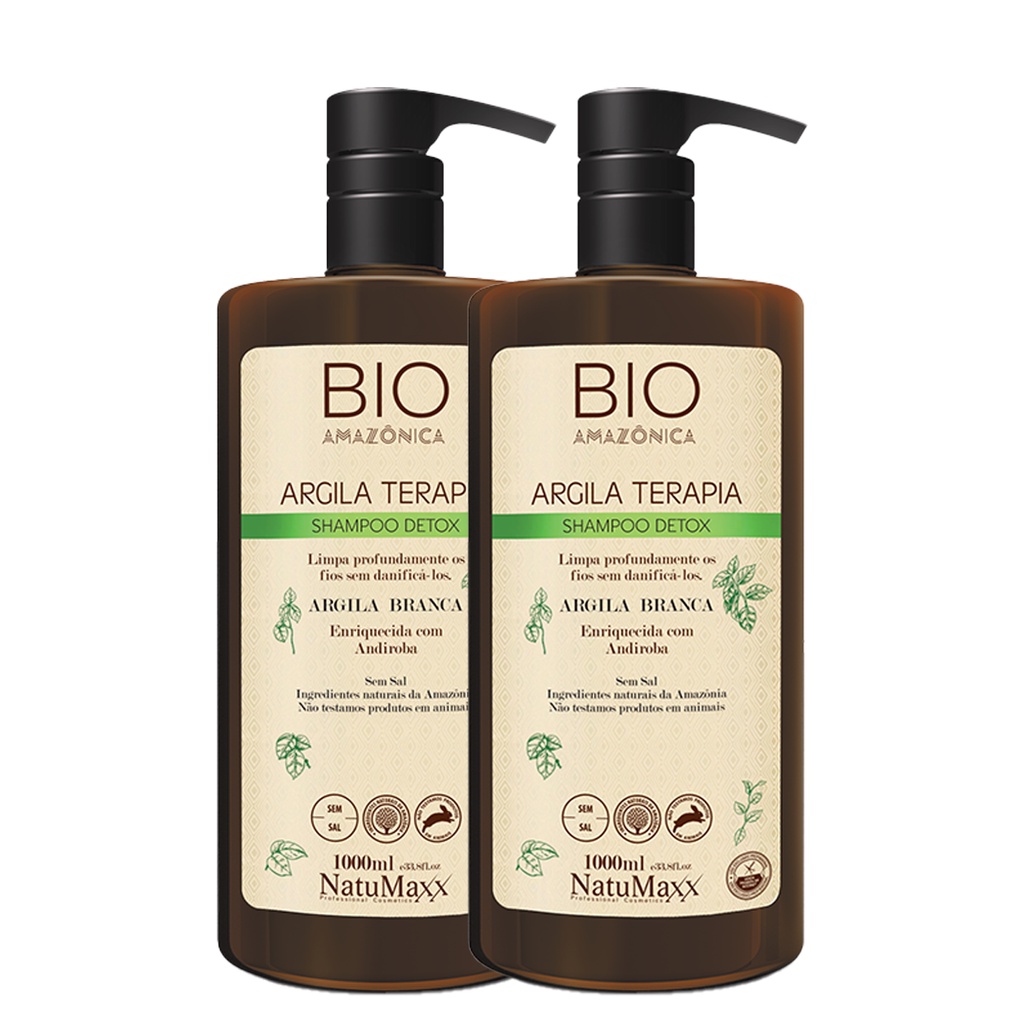 Kit 2 Shampoos Argila Branca Detox Bio Amazônica NatuMaxx 1L Xampu controla o pH Shampoo Detox Limpa profundamente