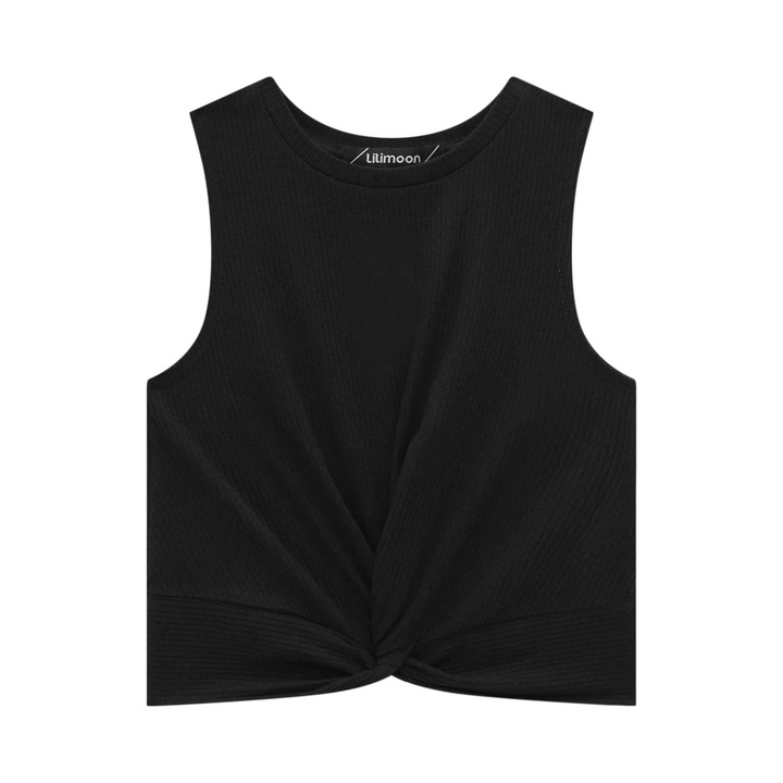 Blusa Cropped Canelado Regata Maui Sem Mangas Gola Redonda Detalhe Frontal Nó Delicado Casual Lilimoon