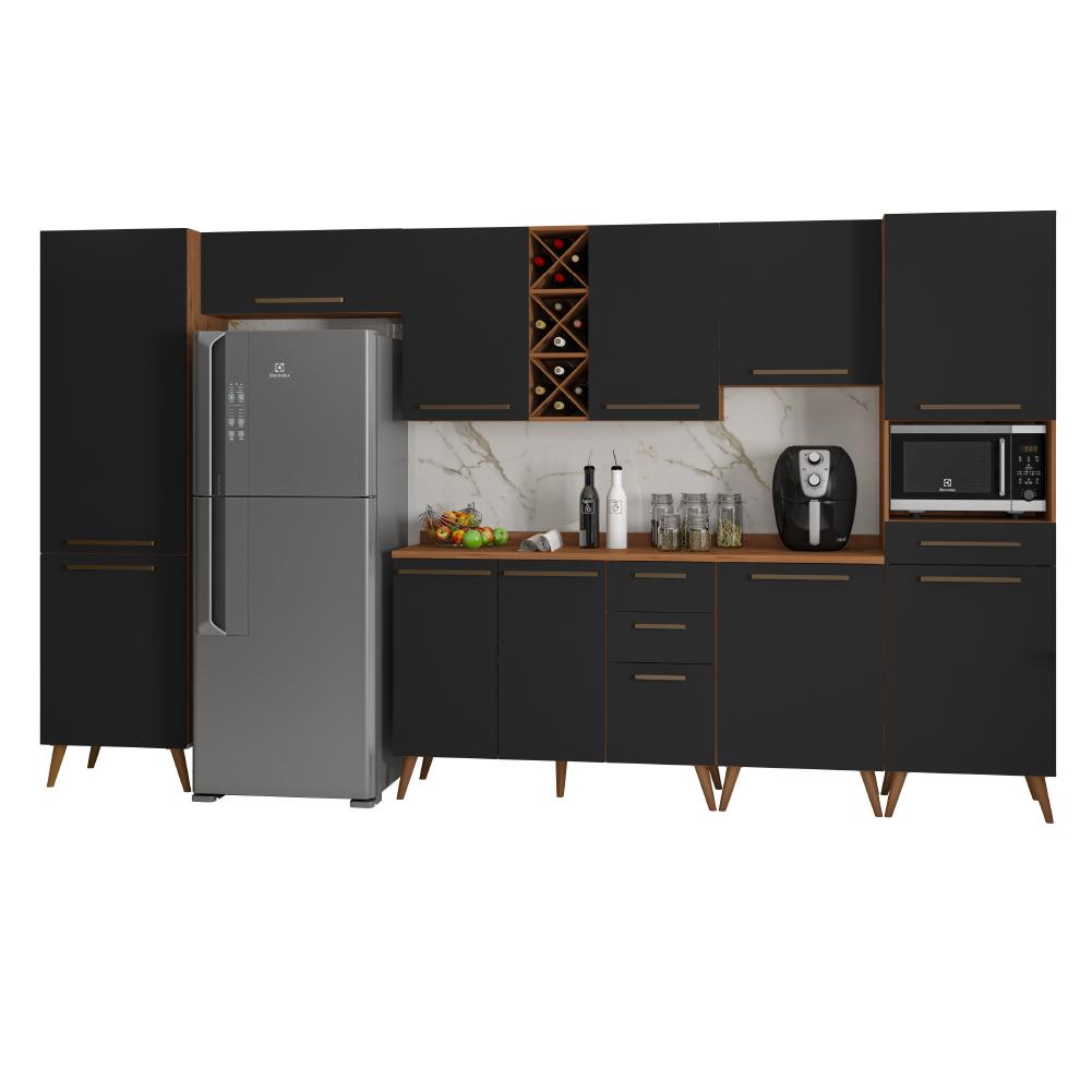 Armário De Cozinha Completa Com Adega 11 Portas 4 Gavetas Favorita Preto/Nature em Oferta na Shopee