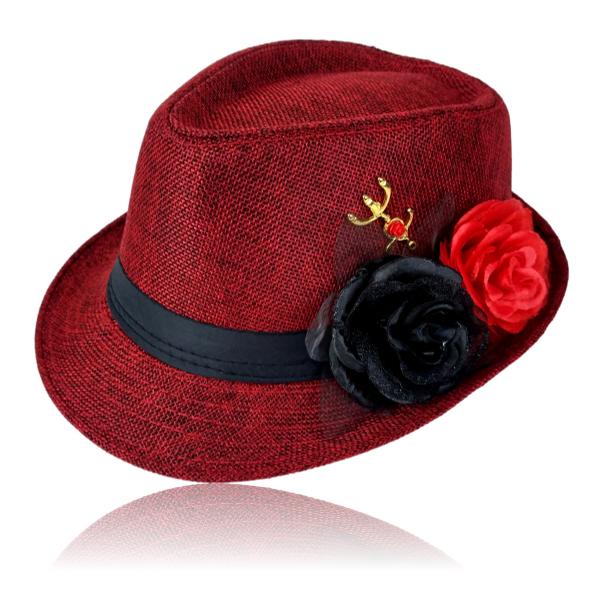 Chapéu Panamá de Pombagira com rosas preta, vermelha e tridente - Vermelho