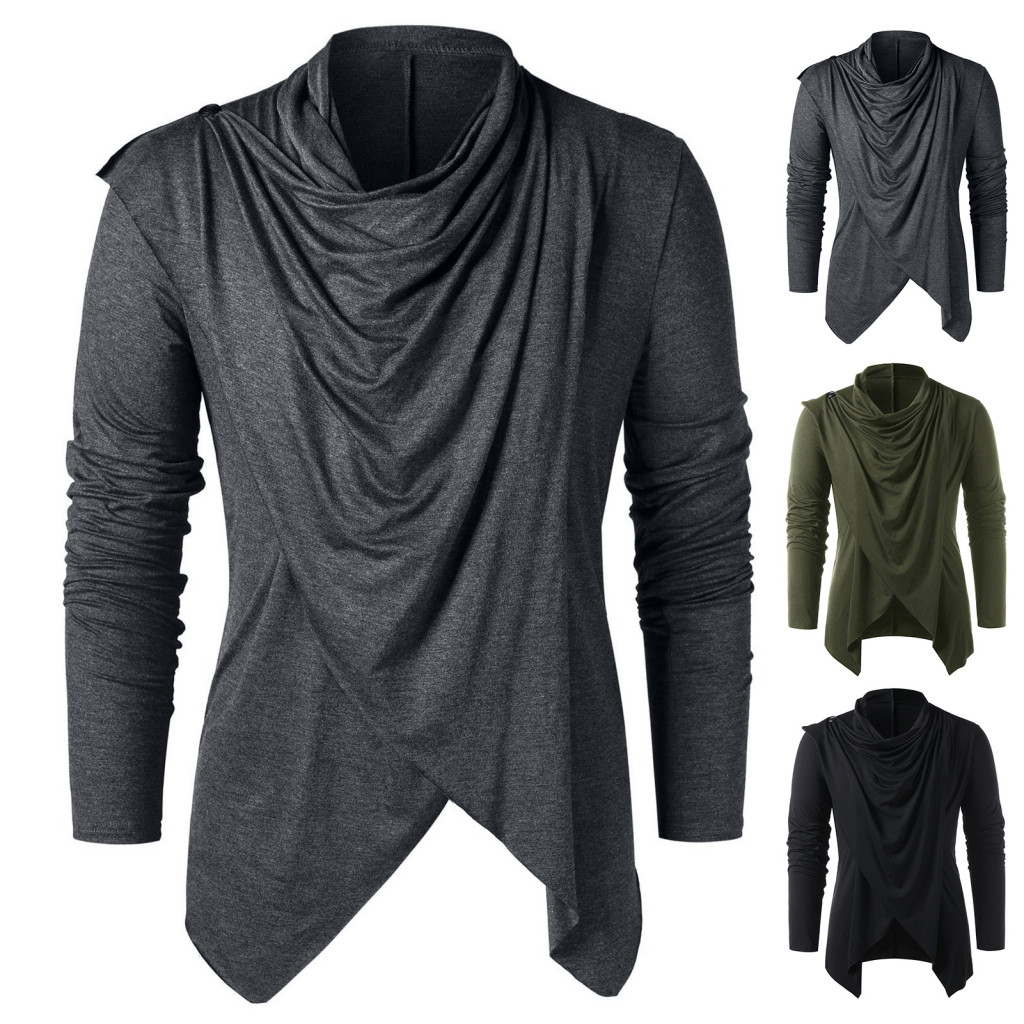 Camisa De Outono Masculina Vintage Manga Comprida Cor Sólida Assimétrica Cardigan Colarinho Quente Medieval Homens Com Respiração Tops Para O Uso Diário