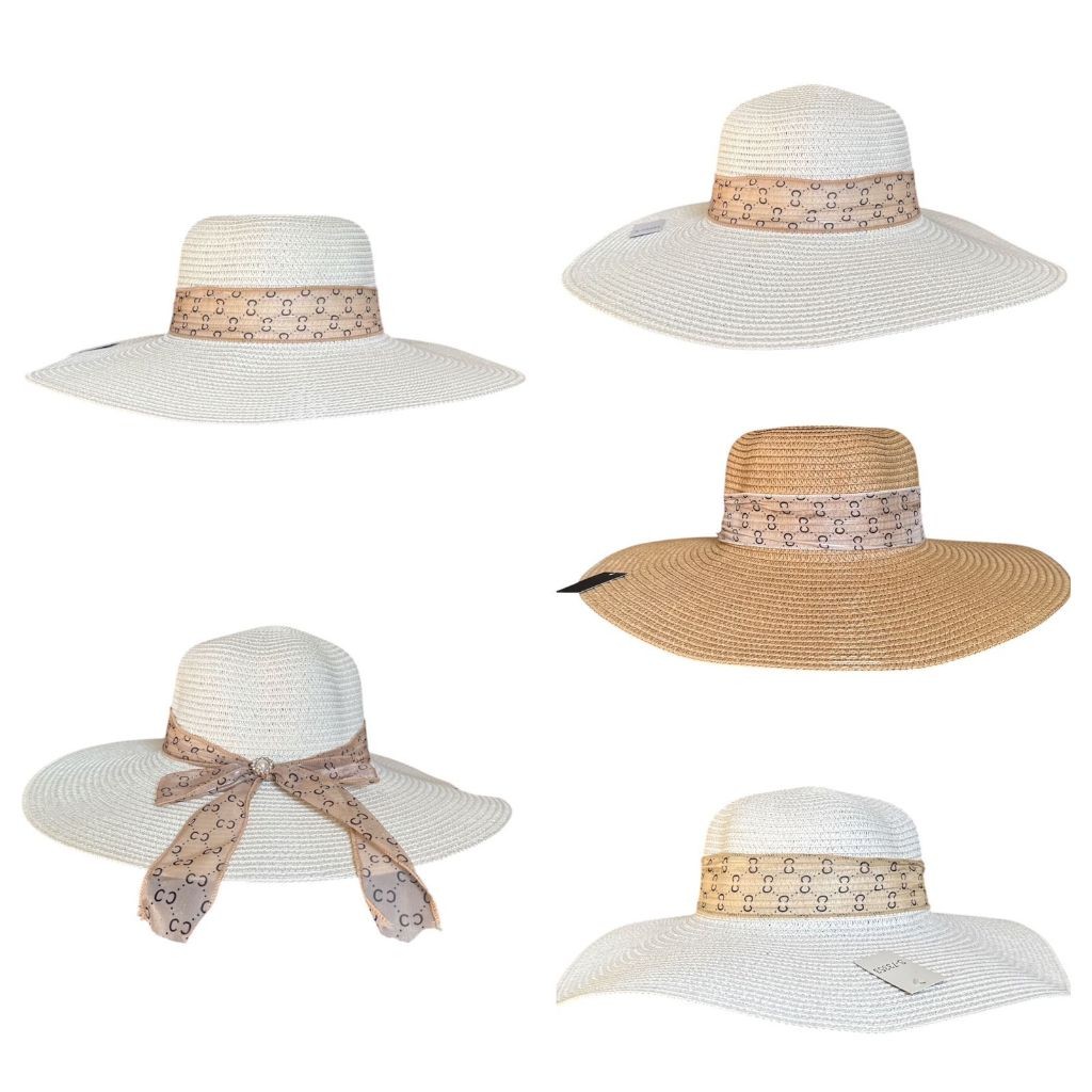 Chapéu De Palha Aba Grande Floppy Moda Praia Adulto Feminino Com Laço Pingente De Flor Com Ajustes