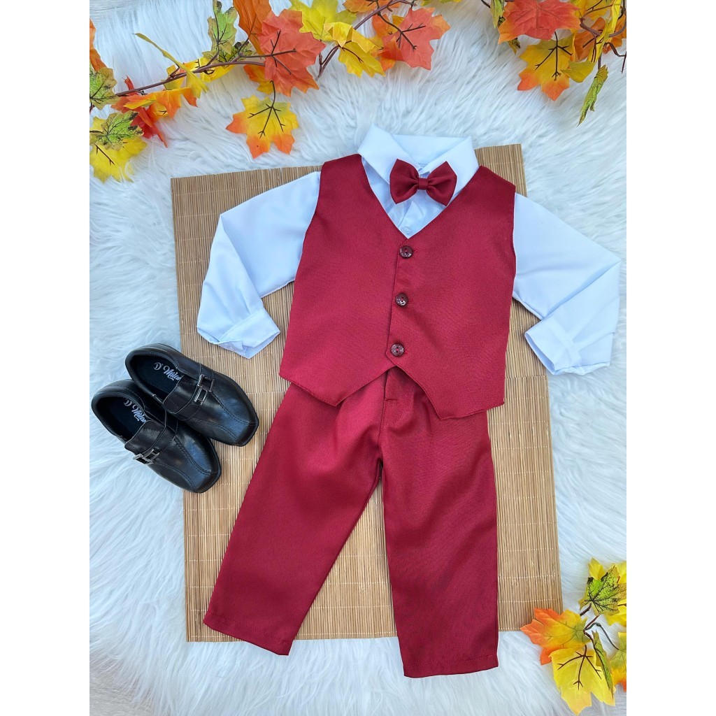 Conjunto Infantil social colete marsala Camisa Branca Calça Colete Gravata Marsala