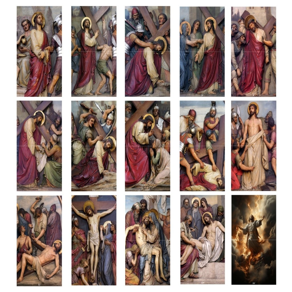 Kit Quadros Via Sacra Em Azulejo 15 Estações 20x40cm decorativo religioso católico presente