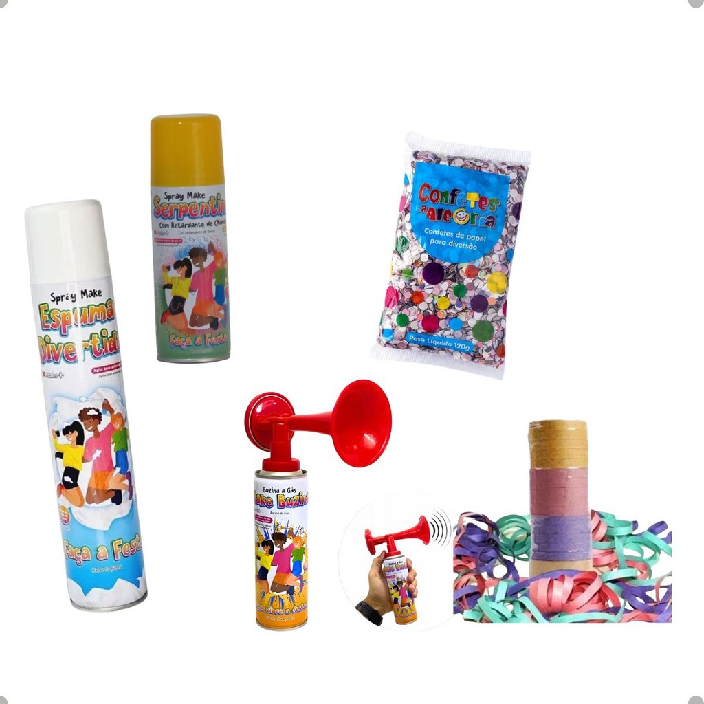 KIT CARNAVAL FOMATURA LANÇA ESPUMA CONFETES BUZINA SERPENTINA SPRAY AMARELA SERPENTINA DE PAPEL
