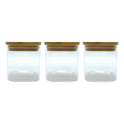 Kit 3 Potes 325ml Herméticos Vidro Tampa Bambu Tempero Doce