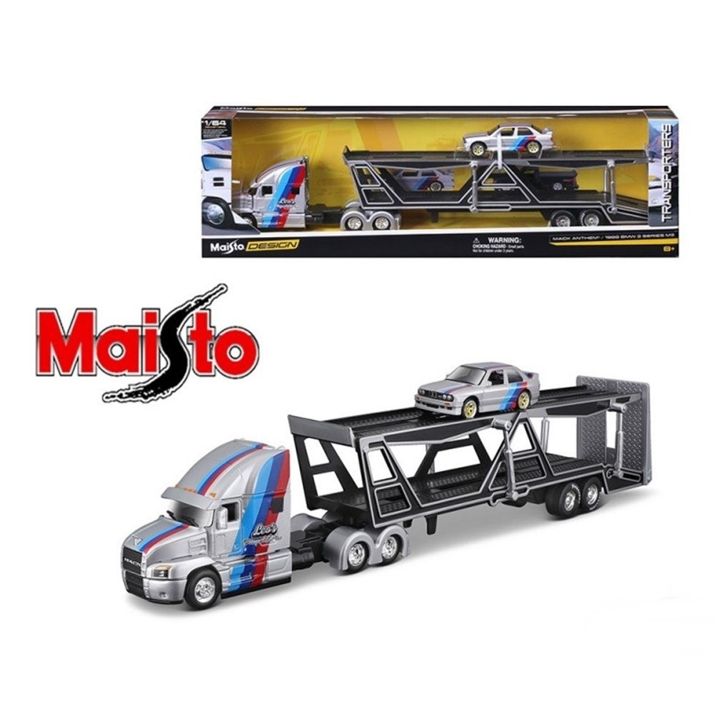 Miniatura Caminhão Cegonha Mack Anthem / BMW M3 Series 3 (1988) - 1:64 - Maisto Design