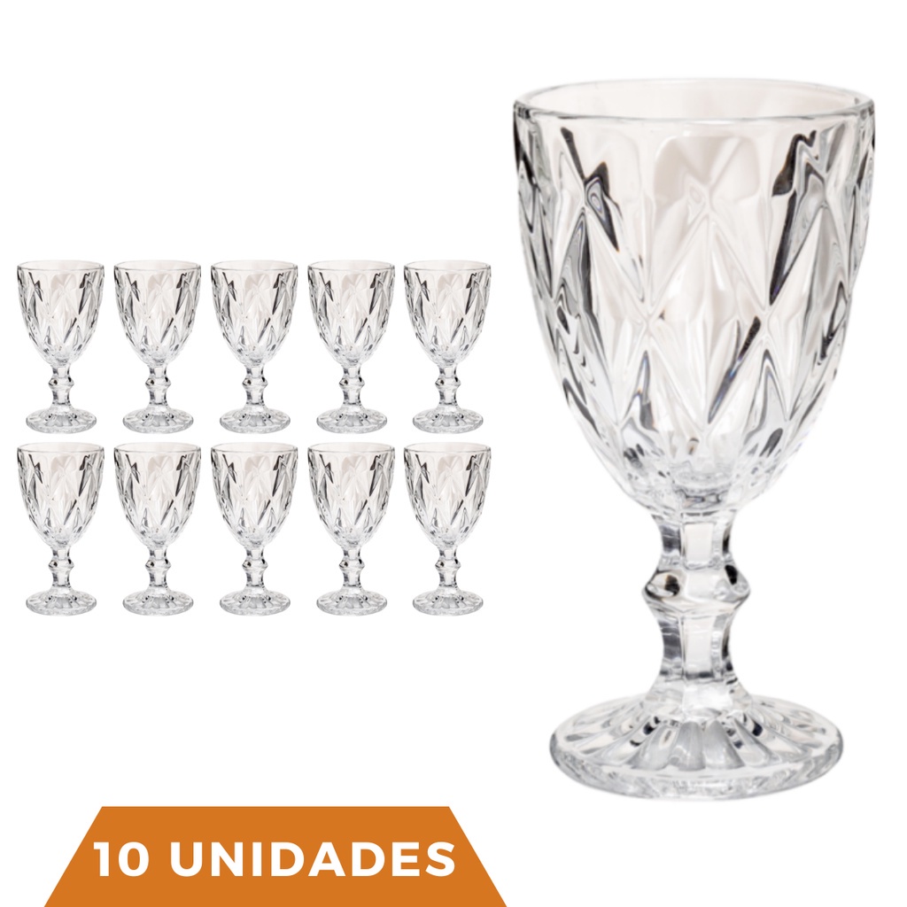 10 Copos Transparente Taças Diamante 300ml Para Agua Vinho