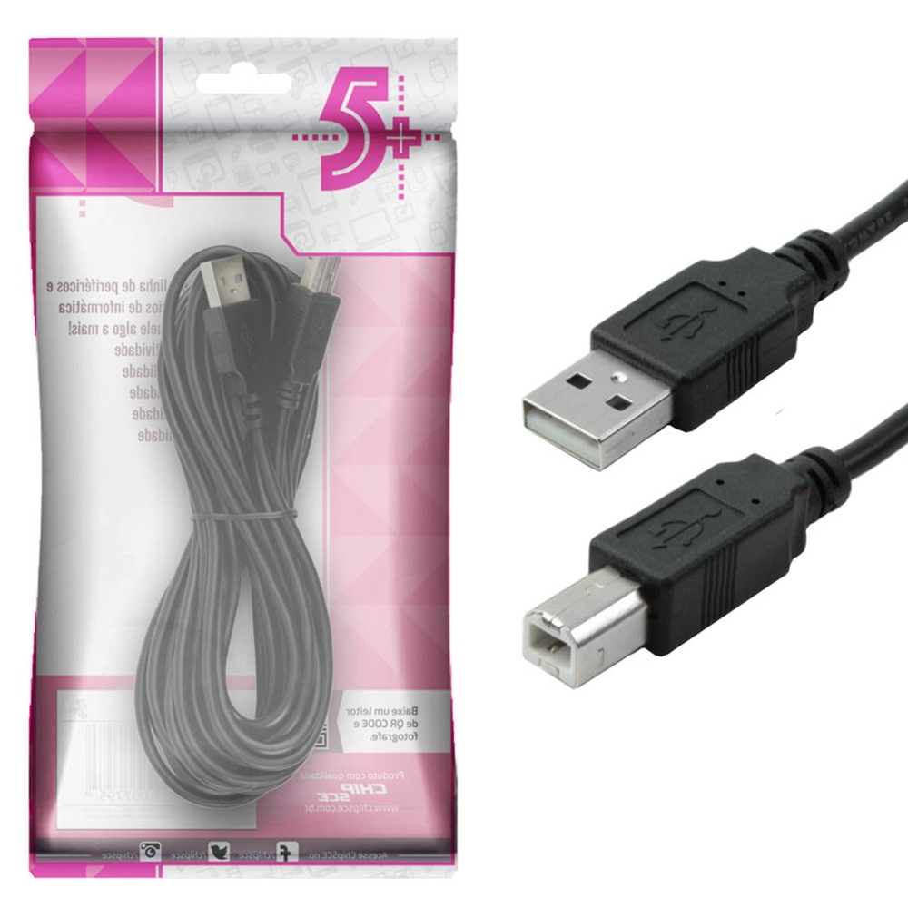 Cabo De Impressora - Usb A para Usb B Preto 5 Metros 5+