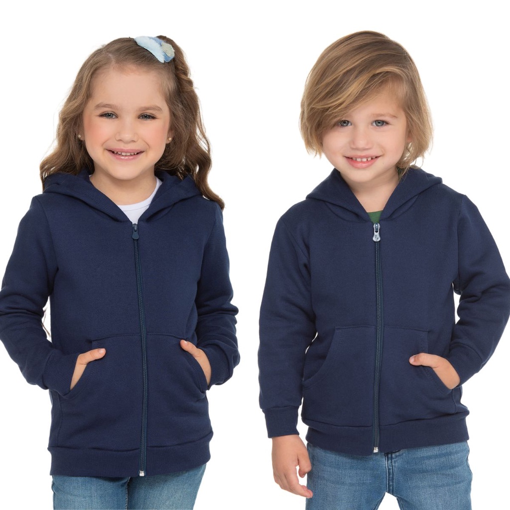 Casaco Infantil Moletom Peluciado Uniforme Escolar Azul Marinho Unissex Inverno Quente