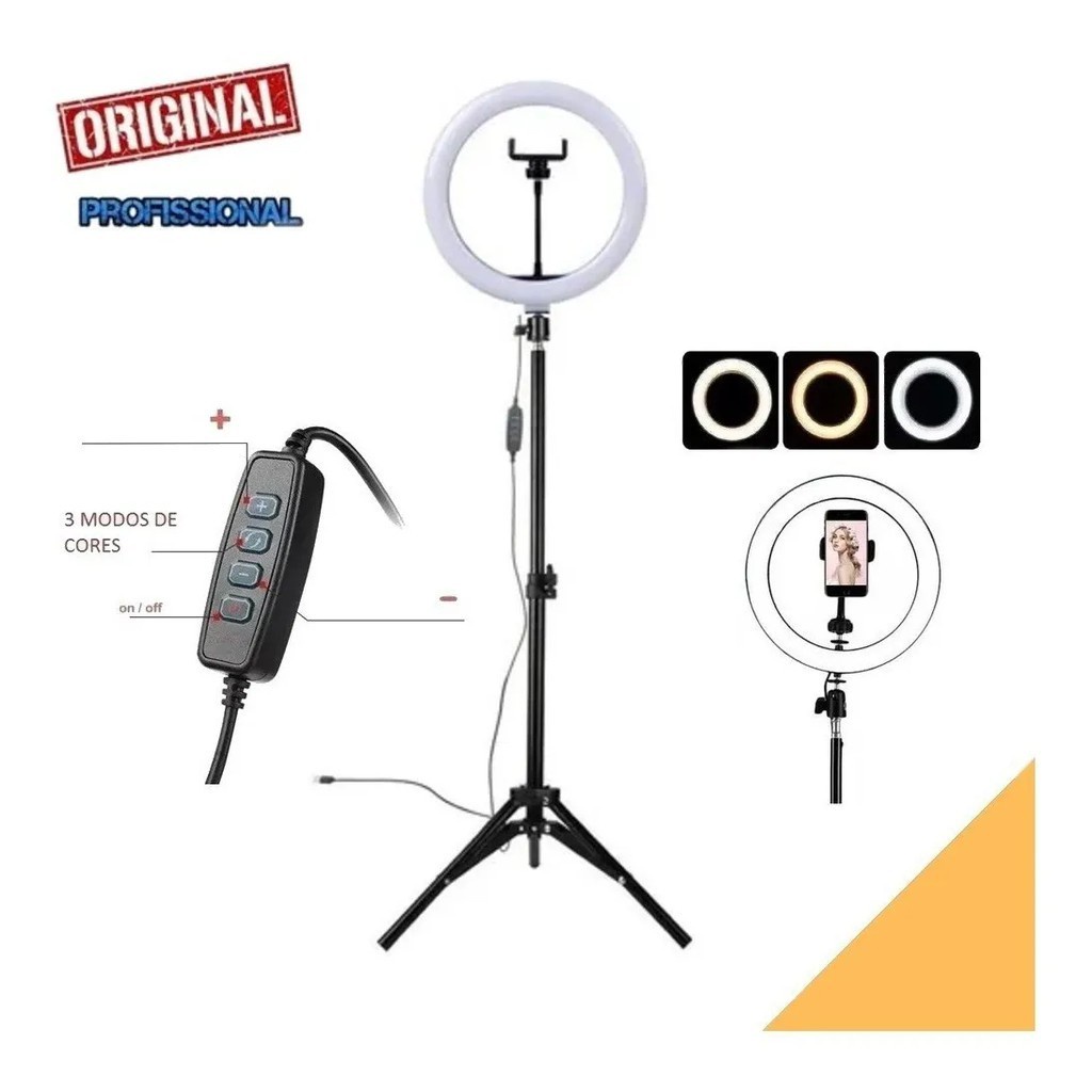 Ring light 26 cm articulável ajustável com tripé suporte de celular controle