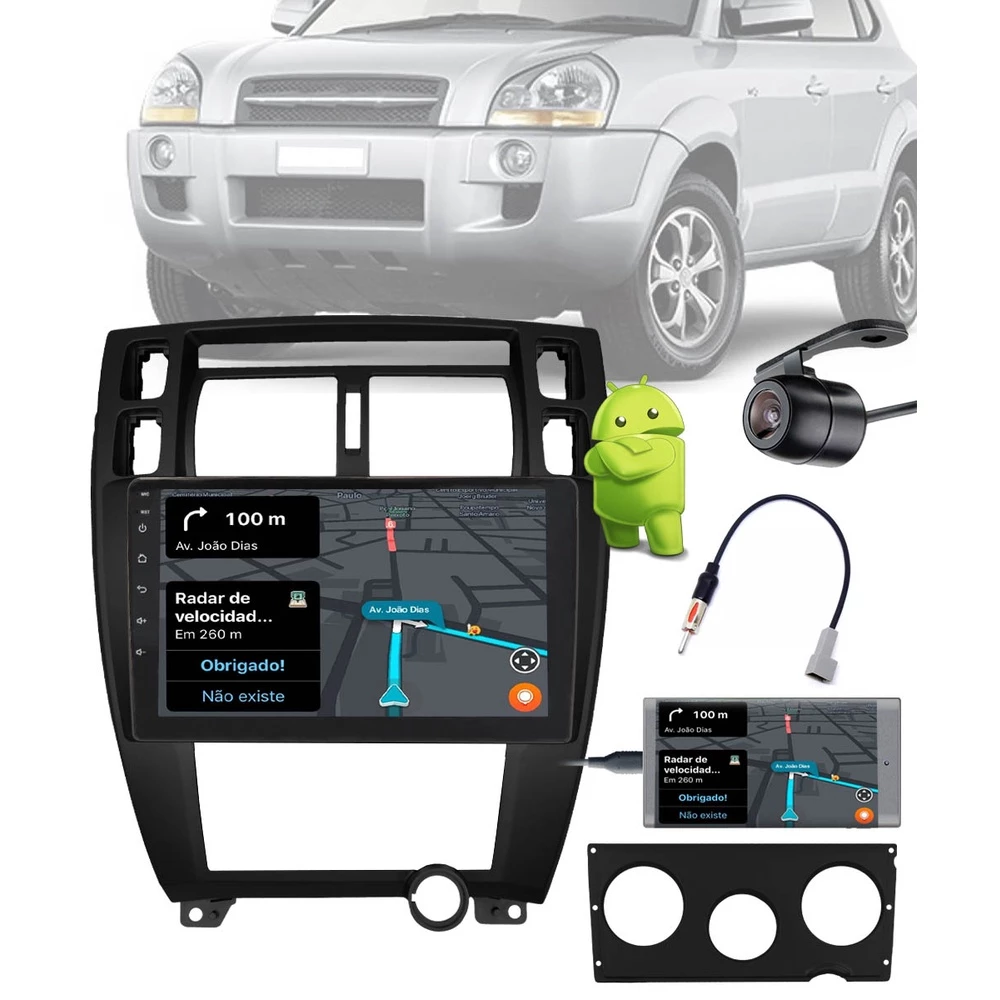 Multimídia 10" Tucson 2007 a 2016 Android Bluetooth Espelhamento Câmera Ré Moldura Adaptador Antena