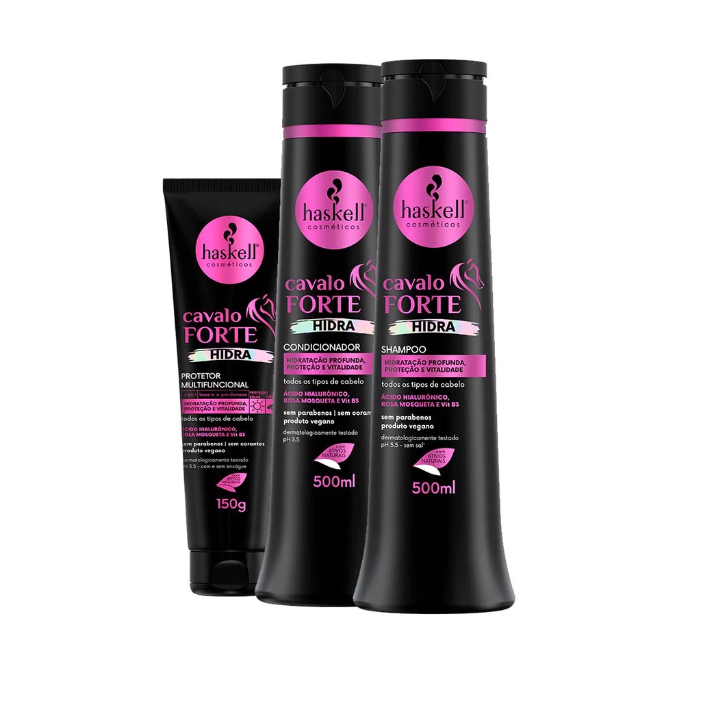 Kit Haskell Cavalo Forte Hidra 500ml Shp/Cond/Creme Pentear