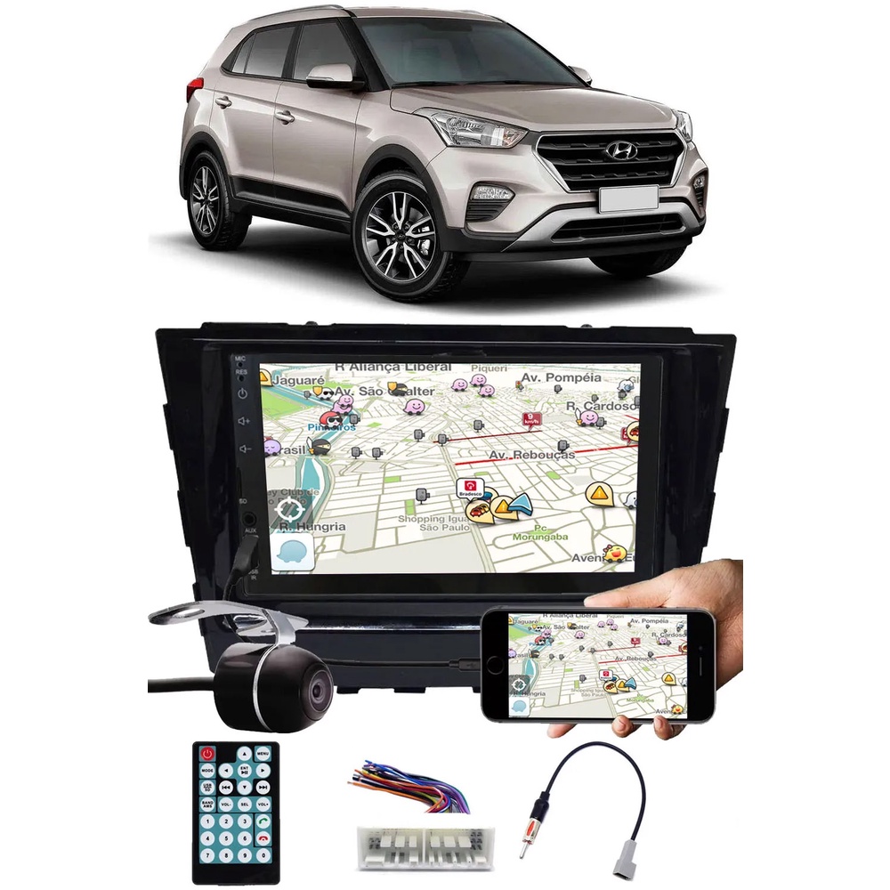 Multimídia Hyundai Creta Espelhamento Bluetooth USB SD Card + Interface Volante Mini + Moldura + Chicotes + Câmera Ré