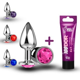 Kit Anal Iniciante Plug Anal em Aço com Detalhe de Joia na Base Tamanho Pequeno + Gel Dessensibilizante Anal 6x1 For Sexy