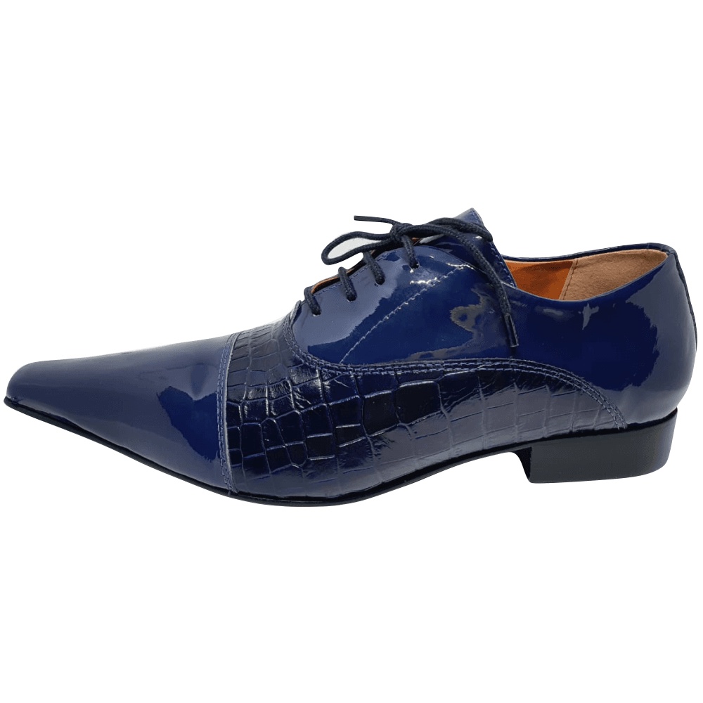 Sapato Masculino Italiano em Couro Social Executivo Azul Card Bico Fino Ref: 125 Azul