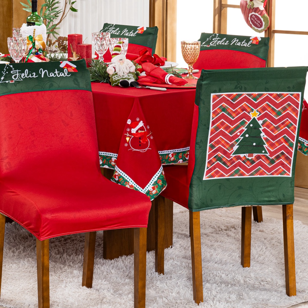 Kit 4 Peças de Capas Natal para Cadeira Jantar Estampadas Natalinas Ajustável com Elástico Malha Gel