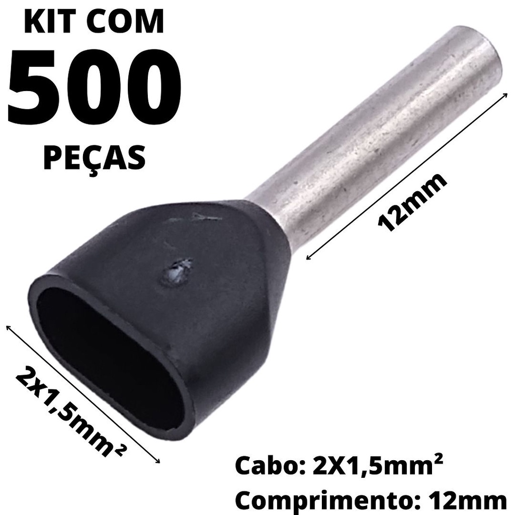 500un Terminal Tubular Ilhós Pré-isolado Duplo Para Cabo de 1,5mm² Metal 12mm Preto TE1512