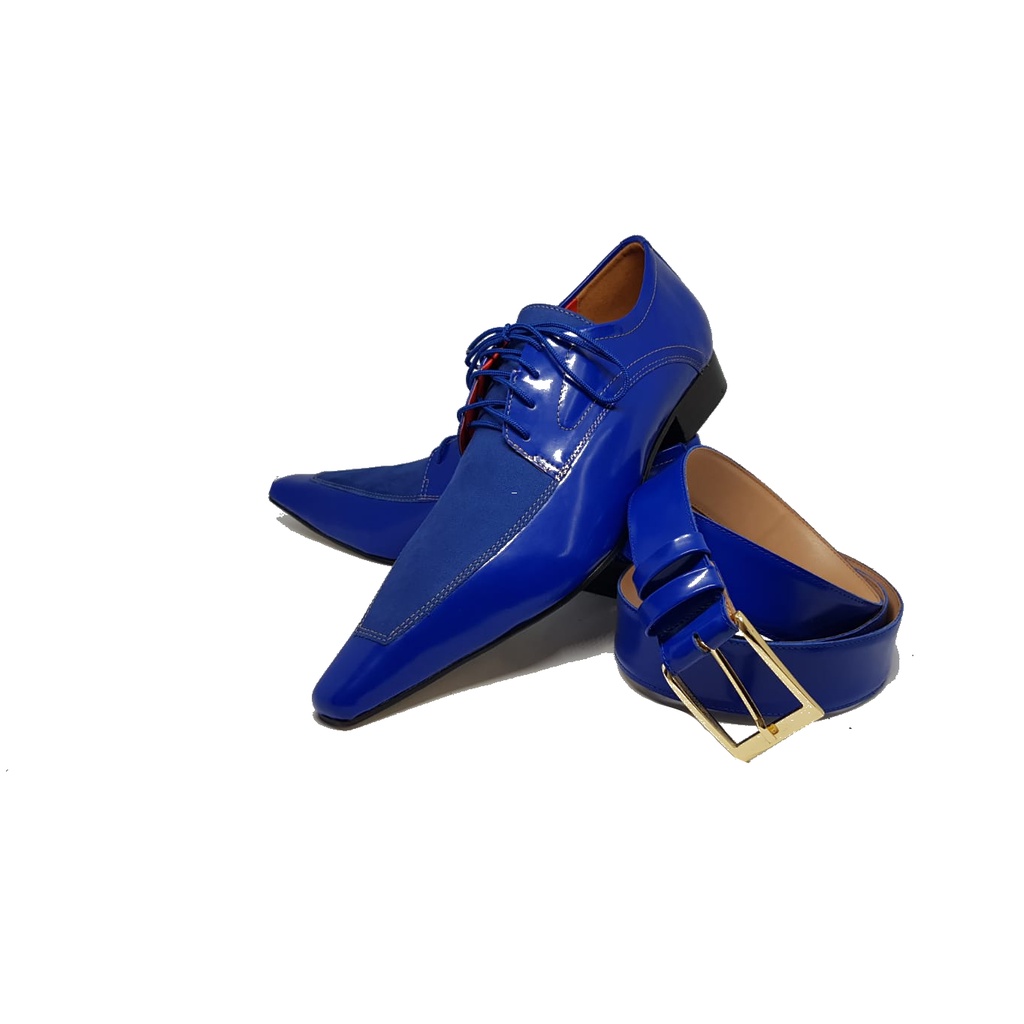 Sapato Masculino Italiano em Couro Social Executivo Azul Bergman Bico Fino + Cinto Ref: 284