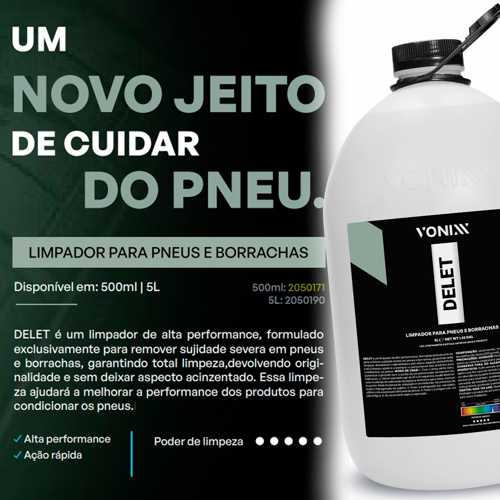 Delet Vonixx 5 Litros Limpador de Pneu Borracha e Estética Automotiva em Geral