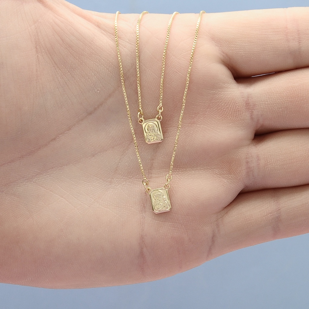 Escapulário Nossa Senhora do Carmo e Sagrado Coração pequeno 60cm Banhado a Ouro em Oferta na Shopee