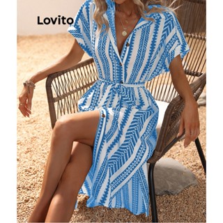 Lovito Vestido Boho Geométrico Com Renda Para Mulheres LNL35042 (Azul)