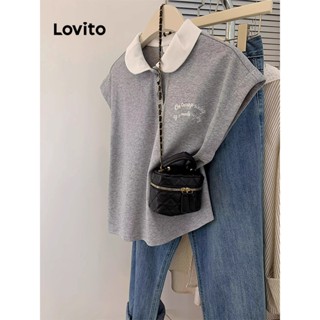 Lovito Casual Camiseta Feminina Lisa com Estampa LNE27063 (Cinza)