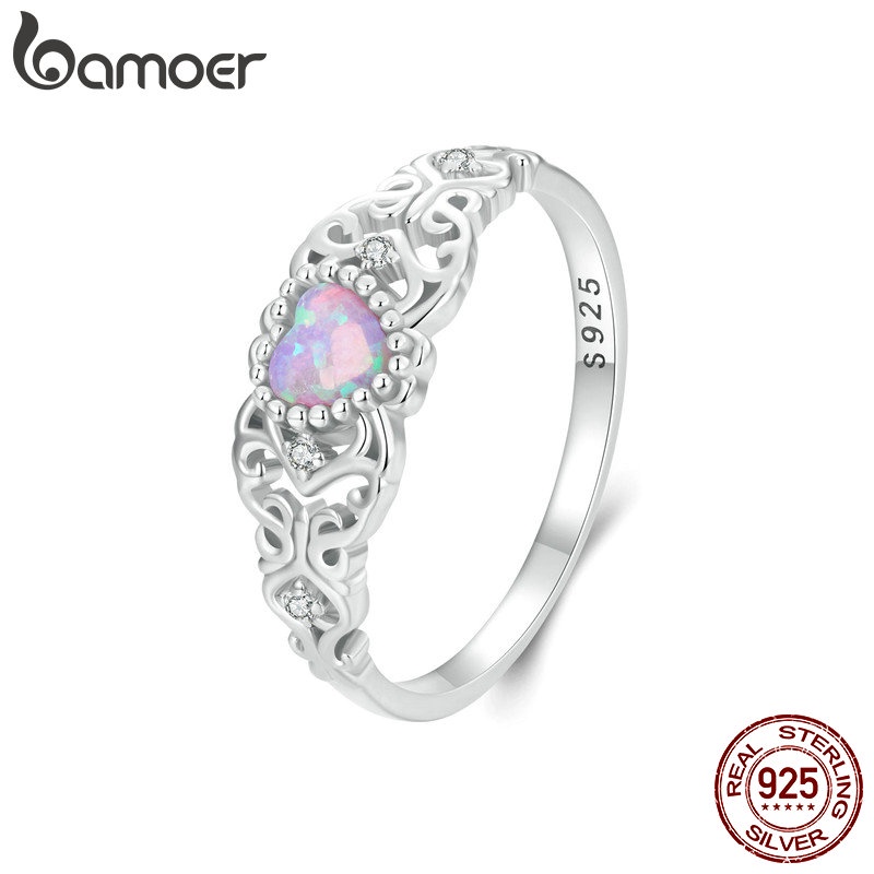 Bamoer 925 Sterling Sliver Ring Opala Cor-De-Rosa Design Jóias De Moda Presentes Para Mulheres BSR512 em Oferta na Shopee