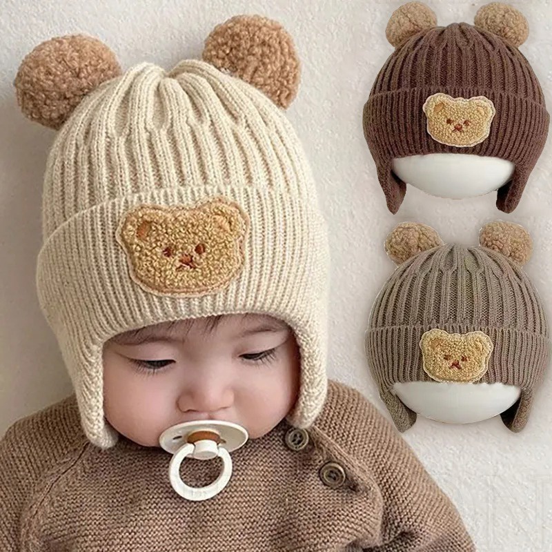 Boné De Proteção Para Orelha De Urso De Bebê/Chapéu De Inverno Crianças Malha Quente/Meninas Coreanas Bonés De Crochê Bonitos Feijão Pompom Cor Sólida