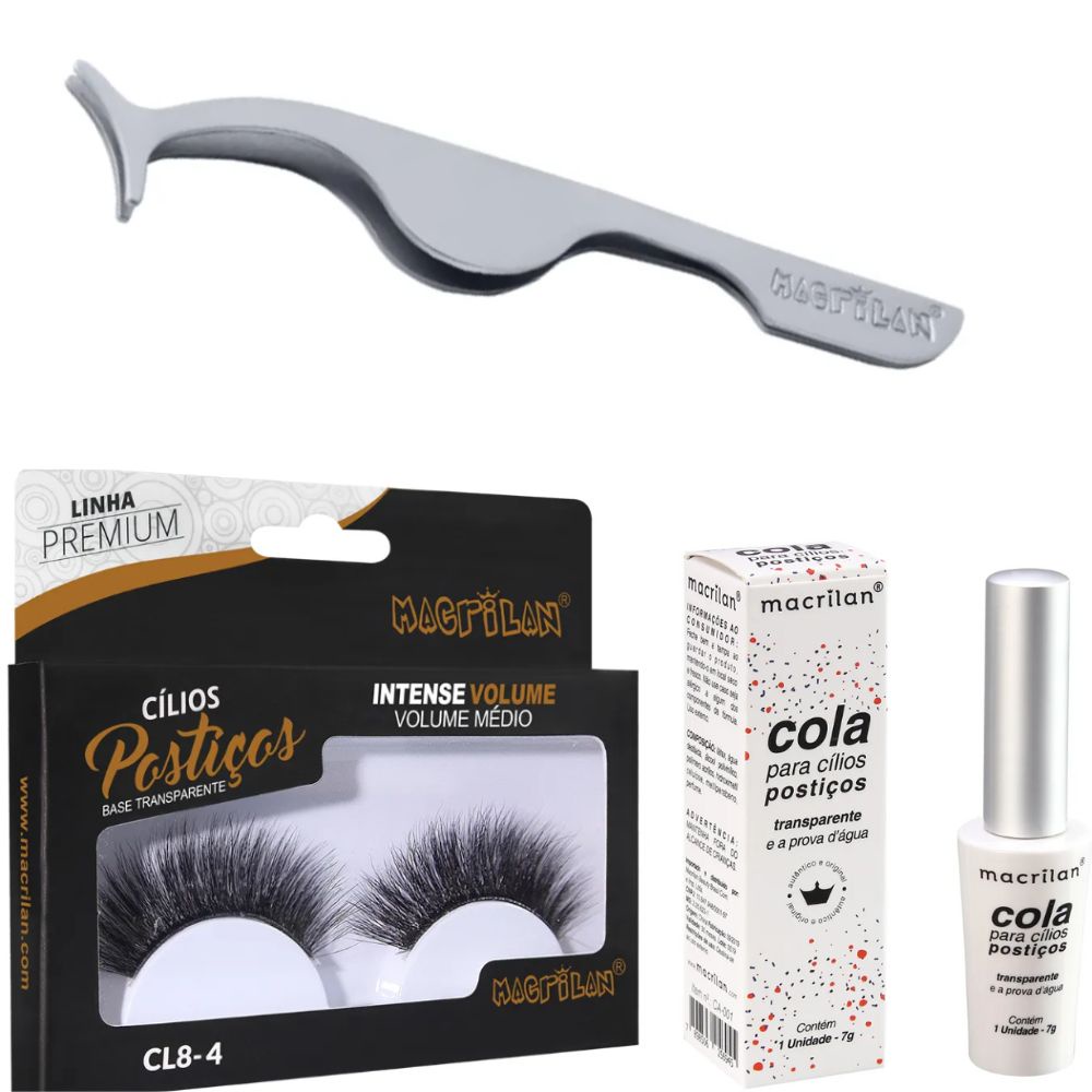 Kit Cílios Volume Médio + Pinça + Cola - Macrilan - CA-001 + CL8-4 + PI-11