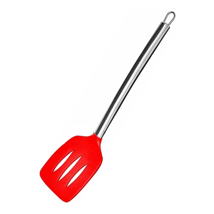 Espatula Reta Vazada Vermelha Silicone Cabo Inox - Mimo