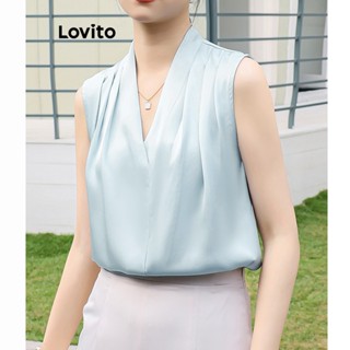 Lovito Blusa Elegante Plissada Lisa Para Mulheres LNE31135 (Azul Pálido)