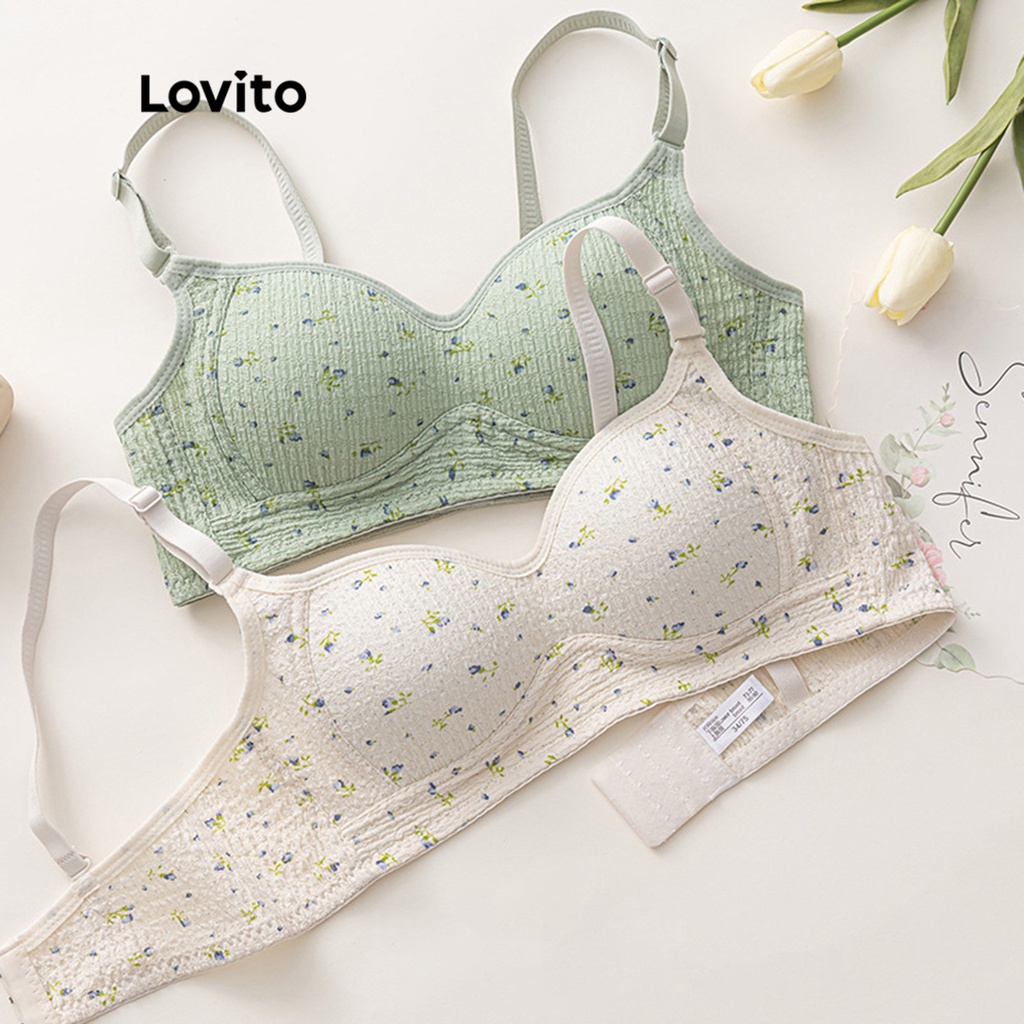 Lovito Sutiãs Sem Fio com Estampa Floral Fofa Casual para Mulheres LNA10051 (Branco Sujo/Rosa/Verde)
