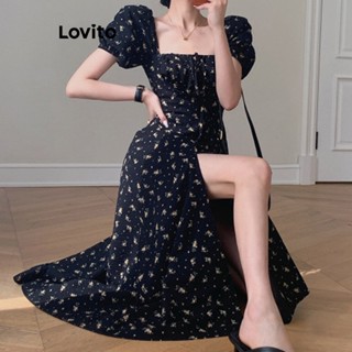 Lovito Casual Vestido Feminino Floral Amarrado com Fenda Frontal LNA29175 (Preto)