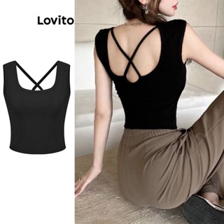 Lovito Casual Blusa Feminina Lisa Cruzada com Costas Abertas L68ED060 (Preta)