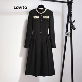 Lovito Casual Vestido Feminino Liso Colorblock com Renda LNA29437 (Preto)