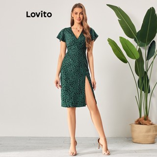 Lovito Vestido Casual com Estampa de Poá e Fenda para Mulheres LBL06133 (Verde)