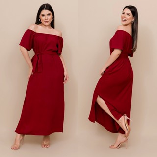 Vestido Casual Feminino Longo Decote Ciganinha com Cinto