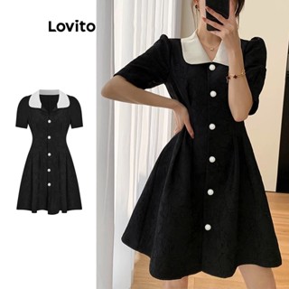 Lovito Casual Vestido Feminino Liso Colorblock com Gola Contrastante Manga Bufante e Botão Frontal L68ED161 (Preto)